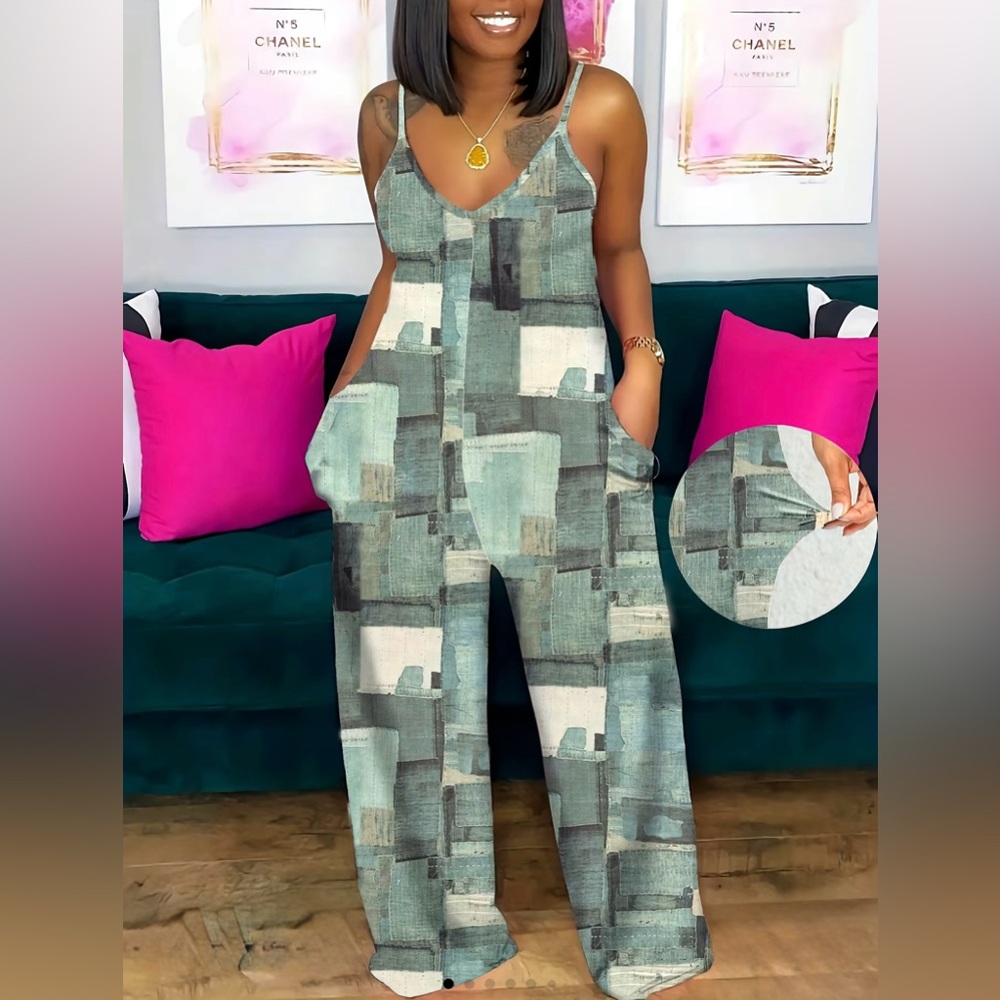 Chic Patchwork Cami Jumpsuit in Blue and Gray